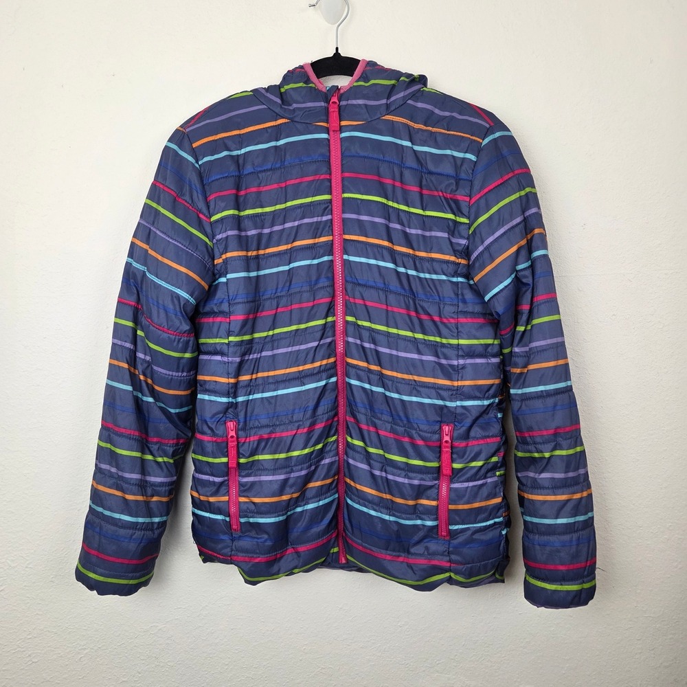 Thereabouts Kids Puffer Jacket L 14/16 Blue Multi Stripe Hooded Full Zip Quilted